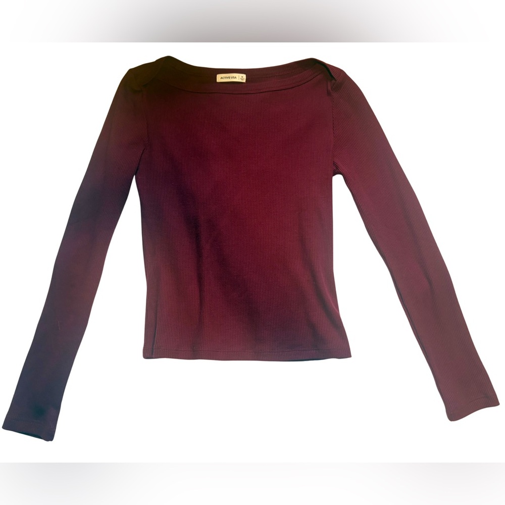 Active USA Burgundy Ribbed Long Sleeve Top | Fitted Basic